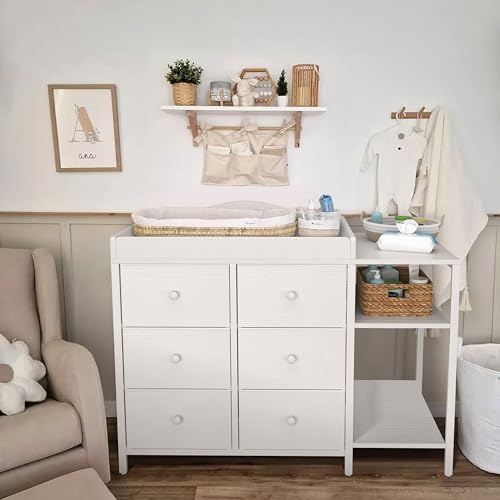Image of BOLUO Baby Dresser with Changing Table Top, White Changing Table Dresser with 6 Fabric Drawers Diaper Changing Station with Storage Shelf for Nursery Modern