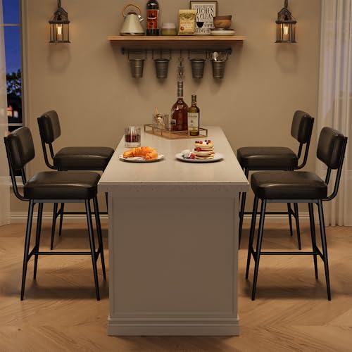Image of GarveeHome Black Bar Stools Set of 2, 26 inch Counter Height Bar Stools with Back, Faux Leather Upholstered Barstool Chairs with Metal Legs for Kitchen Island, Counter Bar