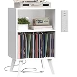 Yzosvki Record Player Stand, 3-Tier Side End Table with Charging Station, Turntable Stand Up to 160 Albums, Vinyl Storage Cabinet Dispaly Shelf for Living Room, Classic White