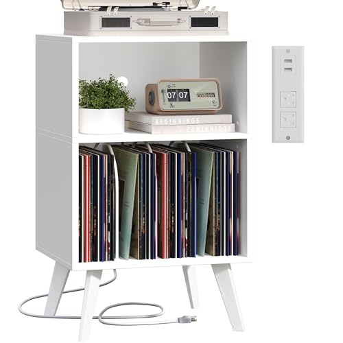 Yzosvki Record Player Stand, 3-Tier Side End Table with Charging Station, Turntable Stand Up to 160 Albums, Vinyl Storage Cabinet Dispaly Shelf for Living Room, Classic White