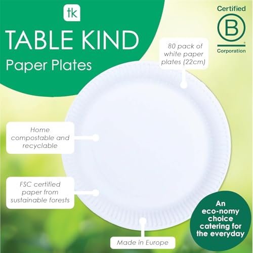 Table Kind 80 x White Paper Plates Disposable Paper Plates Pack Eco-Friendly for Catering & Food Vans, Camping Recyclable Round Dishes Birthday BBQ Party Supplies, Home Compostable 22cm - Image 5