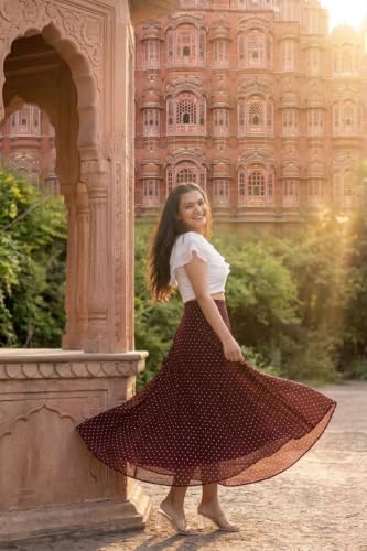 Image of Women's Lycra Top with Georgette Skirt | Polka Dot Print Long Flared Maxi | Full Length Flowy Skirt for Women | Stylish Casual Wear