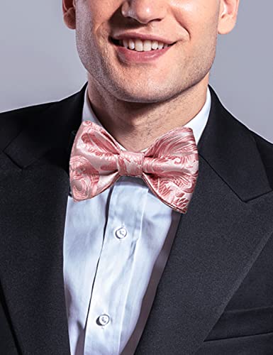 Image of DiBanGu Men Bow Tie Paisley Striped Self-Bow Tie for Men and Silk Woven Bowtie Pocket Square Cufflinks Wedding Party