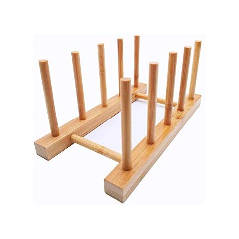efbock Plate Rack Holder for Kitchen Cupboards Bamboo Wooden Chopping Board Tray Dish Rack Stand Drainers, Kitchen Cabinet Organizer for Plate / Cup / Pot Lid (1, 4 slots) Cover