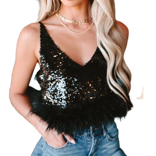 Feather Top for Women Sleeveless V Neck Sparkly Sequin Rave Crop Top Furry Fur Trim Shirt Concert...