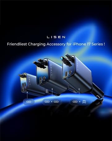 LISEN Retractable Car Charger, 69W Cars Adapter USB C Fast Charger, Car Accessories for Women Men, Christmas for Gifts for Dad Mom, Gifts for Women Men, for iPhone 17 Pro Max Air 16 15 14 13 Plus