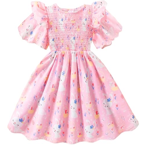 Little Girls Dress Ruffle Sleeve Floral Smocked Dresses Kids Casu...