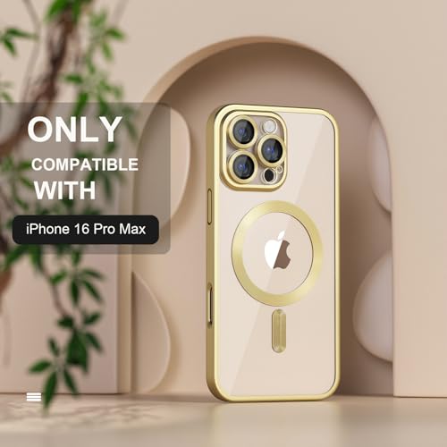 Image of Misea Magnetic for iPhone 16 Pro Max Case Compatible with MagSafe | Never Yellowing, Military Drop Protection, Full Camera Lens Protector Plating Soft Clear Phone Case Women, Titanium Gold