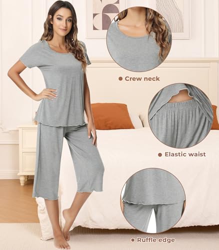 Image of NACHILA Women's Bamboo Viscose Pajama Sets Summer Cooling Short Sleeve Capri Soft Pjs Night Sweats Moisture Wicking Sleepwear