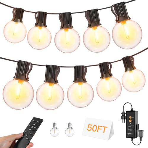 Ccinny 50FT Outdoor String Lights with Remote Dimmer, 25+2 LED Bulbs Connectable Dimmable Outdoor Lights, Support Timer Waterproof Shatterproof for Patio Yard Porch Deck