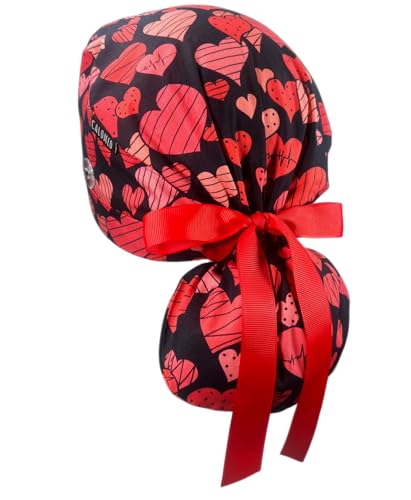 Image of Scrub Cap for Women and Men, Ponytail Scrub Caps, Working Hat, Head Cover with Ribbon Ties and Buttons, Long Hair (Cardiac Hearts on Black)