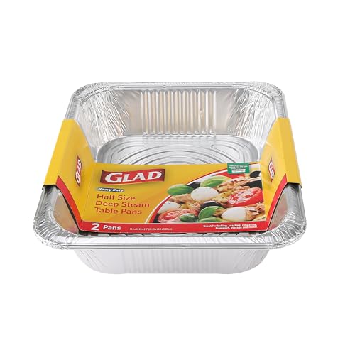Image of Glad Disposable Half Size Aluminum Steam Pans, Deep Heavy Duty Foil Pans for Steaming, Baking, Roasting, Meal Prep, Catering & Freezer Storage, 12.5 x 10.25 x 2.5 Inch, 2 Count