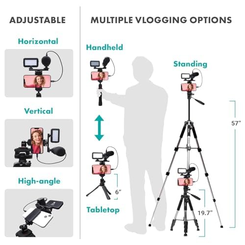 Movo uVlogger Kit Vlogging Compatibile Android/USB-C/iPhone 15 con Treppiede Grande - Kit Iniziale YouTube per Creatori di Contenuti - Accessori: Treppiedi, Supporto Telefono, Luce, Microfono Shotgun