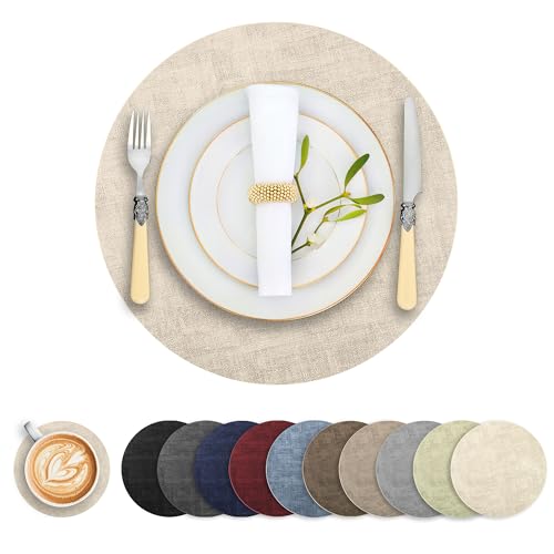 Round Faux Leather Placemats and Coasters, Set of 6, Reversible Heat Resistant Non-Slip Table Mats, Waterproof Wipeable Place Mats for Dining Table, Washable for Indoor & Outdoor (6, Beige)