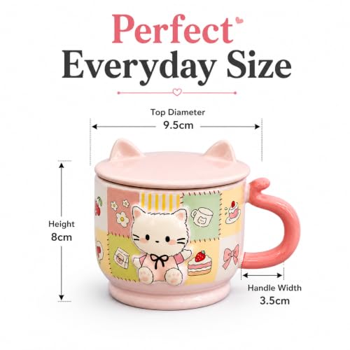 Image of Vasukie Cute Kitty Ceramic Coffee Mug with Cat Ears Lid & Tail Handle | 3D Patchwork Kitten Tea Cup for Milk, Soup, & Hot Cocoa | Kawaii Pastel Pink Drinkware Gift for Cat Lovers (Pink)