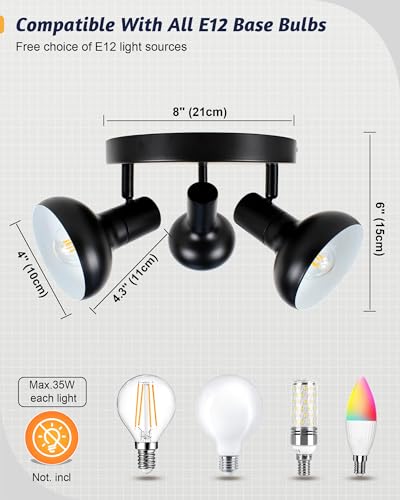 Image of HiBay 3-Light Track Lighting, Farmhouse Ceiling Light Fixtures Black, Directional Spotlight Round for Kitchen Bedroom Dining Room, E12 Base (Bulbs Not Included)