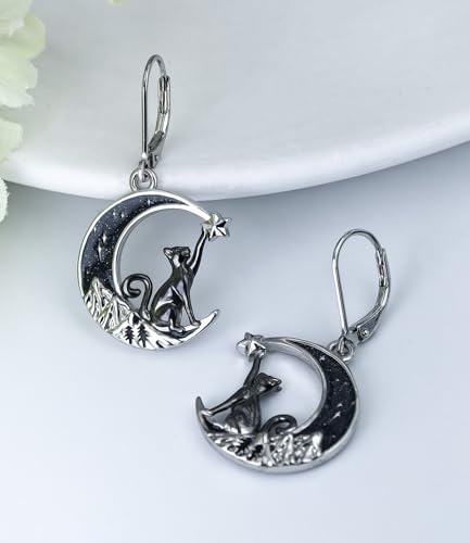 Black Cat/4th of July/Bat/Spider/Pumpkin/Wolf/Bunny/Sun and Moon/Turtle/Raven 925 Sterling Silver Leverback Dangle Earrings Moon Gothic Christmas Earrings Jewelry Gift for Women3
