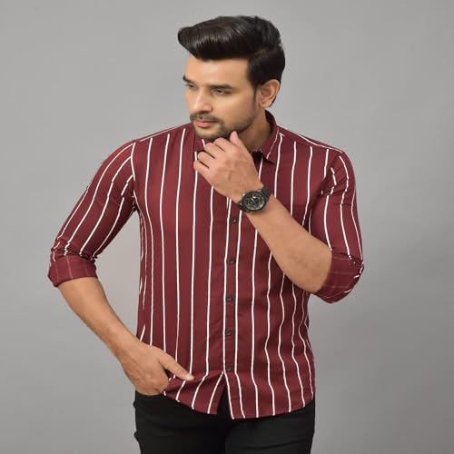 Image of Solid Regular Fit Cotton Casual Strips Shirt for Men || Spread Collar || Full Sleeves (XX-Large, Maroon)