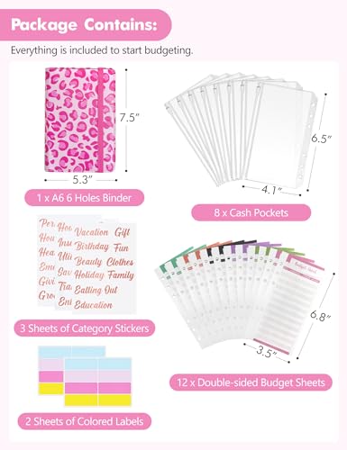 Image of A6 Budget Binder for Money Saving, PU Leather Budget Planner with 8 Cash Envelopes, Budget Sheets & Rose Gold Category Stickers, Money Organizer for Cash (Pink Leopard)