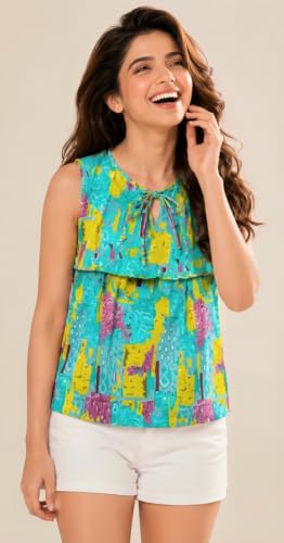 Image of Rayon Floral Printed Sleeveless Top for Women | Round Neck Tie-Up Detail Top | Casual Summer Wear Tunic | Regular Fit Kurti for Women