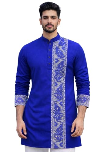 Image of Men's Cotton Jamdani Kurta for Festive, Casual Wear | Traditional Bengali Style Long Kurta | S to XL Size | White, Yellow, Blue Color Options