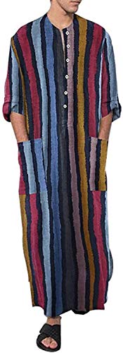 FIOMVA Men's Muslim Dresses Long Sleeve Striped Henley Shirts Kaftan Muslim Long Gown Thobe Robe for Men