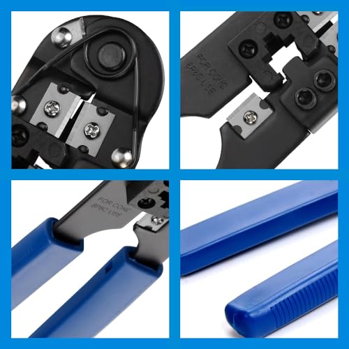 Image of XIKKART Network Crimping Tool with Wire Stripper & Cable Cutter, Multi-Function RJ45 RJ11 RJ12 Modular Plug Crimper Pliers, Ethernet LAN Cable Connector Clamp Hand Tool for Networking, Telecom DIY Use