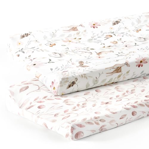 Image of GRSSDER Stretch Ultra Soft Jersey Knit Changing Pad Cover Set 2 Pack, Change Table Pad Covers Fit 32"/34" x 16" Pads Safe and Snug, Beautiful Blush Pink Floral and Cute Animals Print for Girls