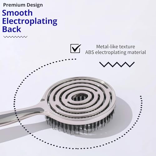 Electroplated Hollow Round Bristle Hair Brush – Quick Drying Anti Static Scalp Care and Heat Protection for Smooth Voluminous Hair （Silver）