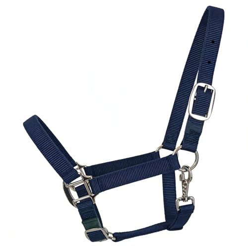 ALLZSMOOTHLY Heavy Duty Soft Nylon Horse Halter, Padded and Adjustable, Chin and Throat Snap Hook Halters for Horses, Heavy-Duty Metal Buckle-Dark Blue