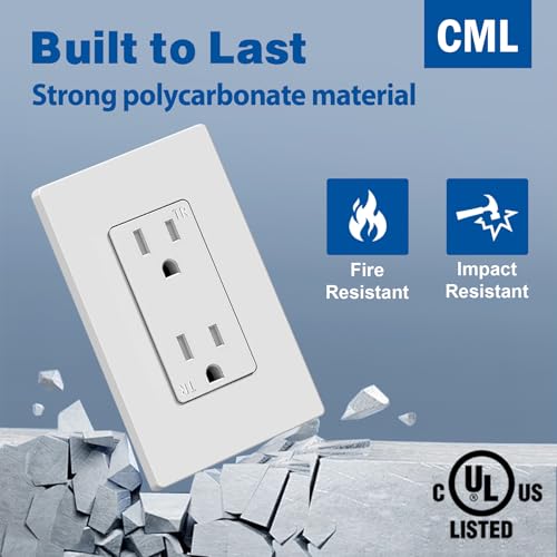 Image of CML 15 Amp Decorator Recetpacle Outlet, 50 Pack Tamper Resistant Electrical Wall Outlet with Screwless Wallplate, 15A /125V, Residential and Commercial Use, UL Listed, White