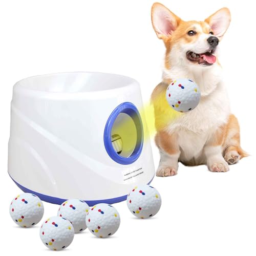 Automatic Ball Launcher for Dogs,Dog Ball Thrower Launcher with 3 Launching Distance 20-45FT,6 2.3 Inch ETPU Tennis Balls,Interactive Dog Toys Indoor Outdoor Ball Thrower Machine for Small/Medium Dogs