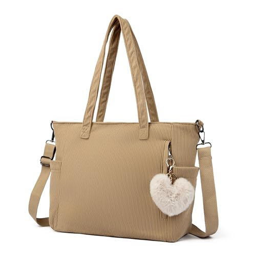 Makukke Bolsa feminina de veludo cotelê - Bolsa Hobo de ombro, bolsa transversal, bolsas de compras de grande capacidade, Cáqui #1, Large, Bolsa de ombro
