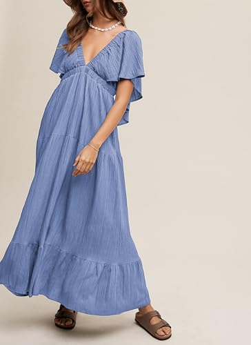 Image of Kikibell Women Summer Dresses Sexy V-Neck Maxi Dress Tiered Silhouette with Flutter Sleeve Backless Elastic Waist Flowy Dress