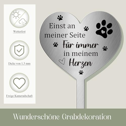 Photect Grabschmuck Wetterfest für Hund Katze Tiere Grabstecker Metall Herz mit Spruch Einst an Meiner Seite,für Immer in Meinem Herzen Grab Deko Grabstein Hund Haustier Gedenktafel Katze