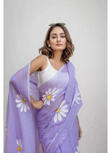 Image of Lilan Cotton Saree with White Daisy Floral Prints Tassel Pallu Lightweight Summer Saree