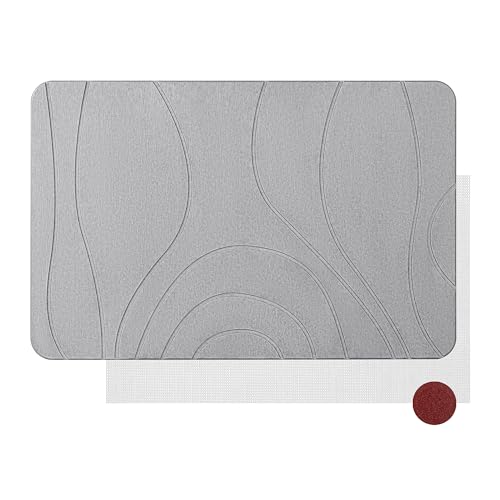 Cleansage® AbsorbaMat Diatomite Stone Bath Mat – Quick Dry Diatomaceous Earth Floor Mat with Non-Slip Pad & Sanding Tool | Fast Absorbent Stone Drying Mat for Bathroom or Kitchen (Light Grey)