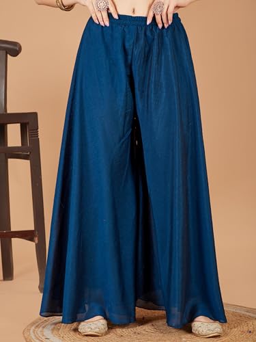 Image of Xomantic Fashion Womens Beautiful Silk Short Kurta Palazzo in Blue with embroidery and sequins work with show buttons