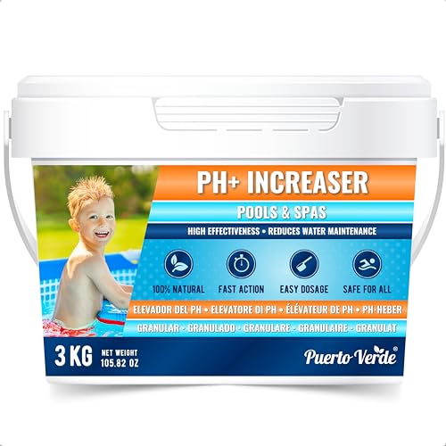 Puerto Verde • Elevador pH+ para Piscinas 3 Kg. Corrector de pH Apto para Hidromasajes y Spas. Regulador pH Plus en Formato Polvo. Cacito Dosificador Incluido. Producción Española.