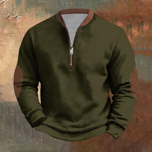 Men's Vintage Half Zip Pullover Shirts Tops Stylish Casual Long Sleeve Stand Collar Sweatshirts with Elbow Patches2