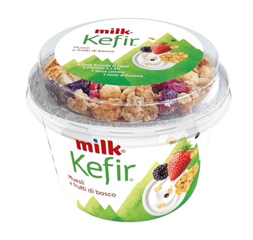 Milk Kefir Bianco Cremoso Senza Lattosio con Muesli alle Nocciole e Frutti di Bosco - Fermenti Lattici, Vitamina b12, Proteine, Probiotici, Calcio, Vitamina a - Con Crema di Latte senza Lattosio(160g)