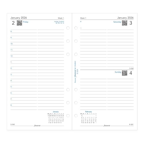 Filofax Calendar Diary Refill, Personal/Compact Size, Day on One Page with Appointments, Ruled, White Paper, English, 2026 (C68441-26)