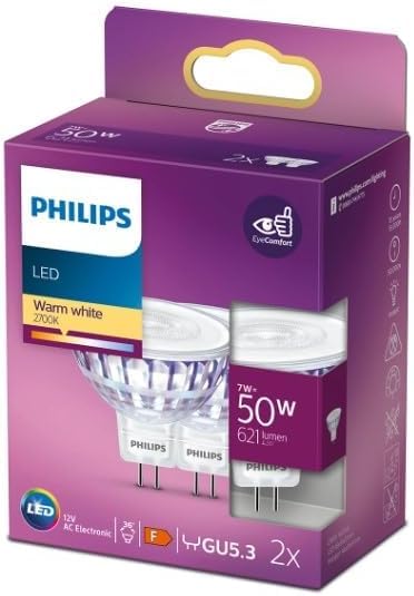 Philips LED MR16, GU5.3, 7W = 50W, Luz Blanca Cálida, Paquete de 2 Bombillas