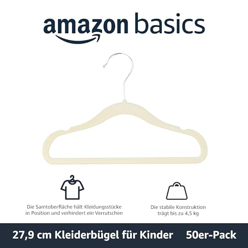 Amazon Basics Kinder-Kleiderbügel aus Samt, rutschfeste Kleiderbügel für Babys und Kleinkinder, 29 cm, 50er-Pack, Beige 2