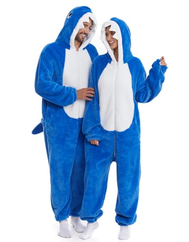 Shark Onesie Adult, Daddy Shark Blanket Hoodie Pajamas Costume Women Men, Baby Shark Pjs Halloween Cosplay Teen, Blue Medium