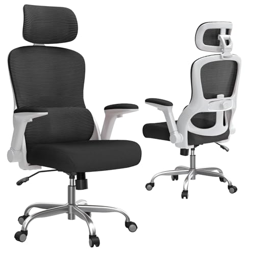 TRALT Bürostuhl Ergonomisch - Bürostuhl - Gaming Stuhl mit Verstellbare Kopfstütze Lordosenstütze Home Office Desk Chair - Schreibtischstuhl Computerstuhl für Große Menschen Mesh-Stuhl Weiß Schwarz
