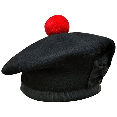 New Scottish Black Wool Balmoral Plain Hat with Red Pompom on Top (7 1/8 - (UK 57))2