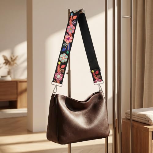 Image of Wide Purse straps Crochet Flower replacement crossbody for Handbag Adjustable Embroidery Knit Guitar Shoulder strap
