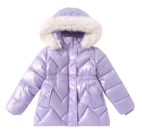 SEAUR Girl's Fleece Jackets Hooded Faux Fur Trim Winter Shiny Coat Long Sleeve Padded Outwear Snow Puffer Jackets 3-9T