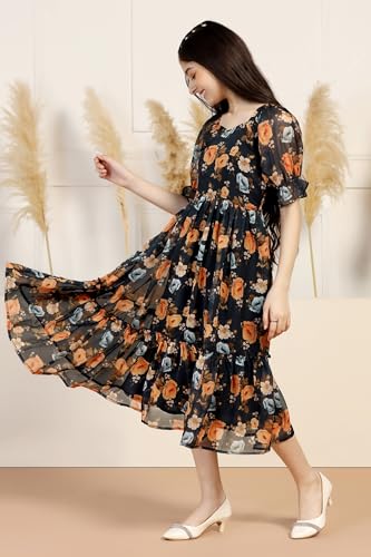 Image of Fashion Dream Girl's Organza Floral Printed Calf Length Dress|Western Dress|Kids Dress|Fancy Dress